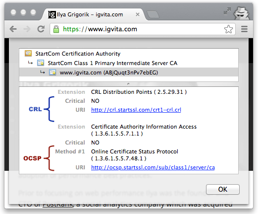 Figure 4-7. CRL and OCSP instructions for igvita.com (Google Chrome, v25)