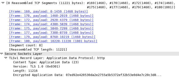 Figure 4-11. WireShark capture of 11,211-byte TLS record split over 8 TCP segments